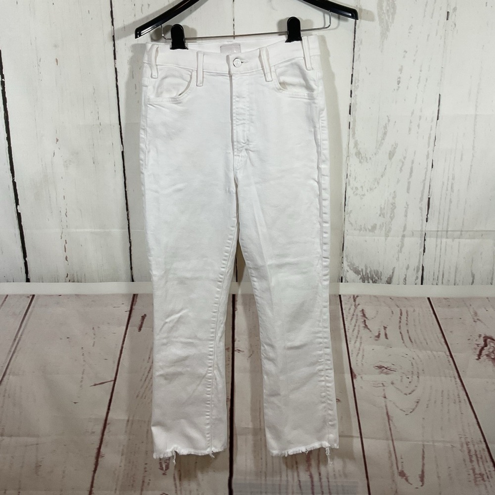 MOTHER Jeans Women 28 The Hustler Ankle Fray White Denim Raw Hem Designer Luxury